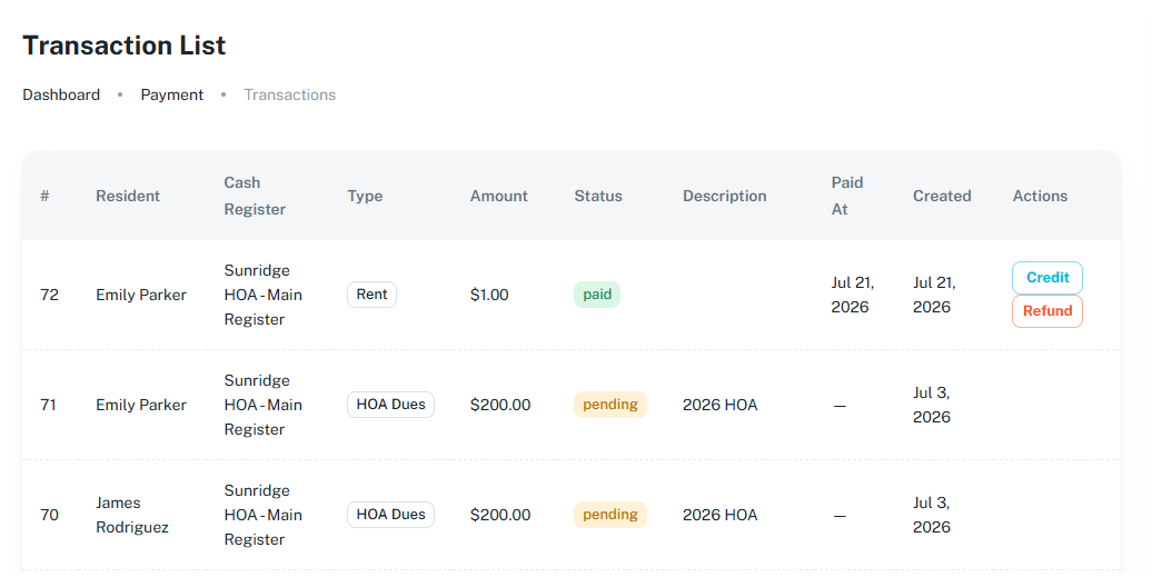 Rezdek transactions screen